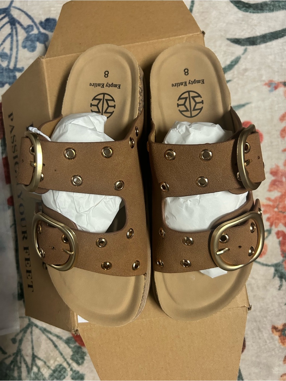 Women's Cognac Double-Buckle Slide Sandals
